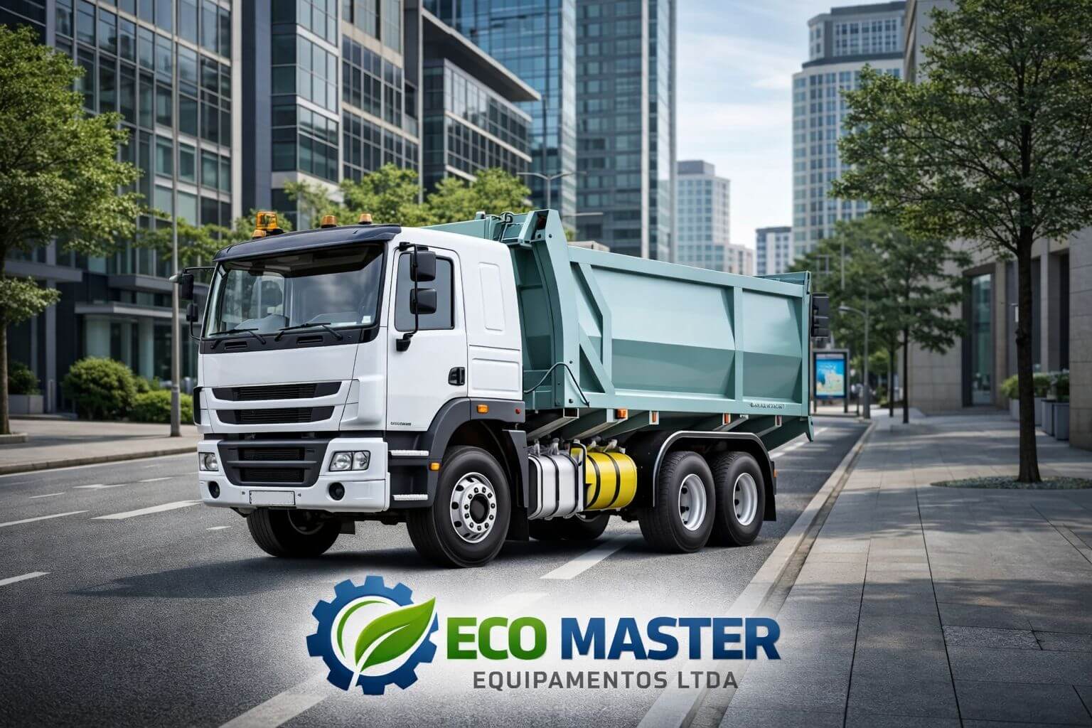 Caminhão basculante com caçamba de carga aberta verde da Eco Master Equipamentos em uma rua da cidade.