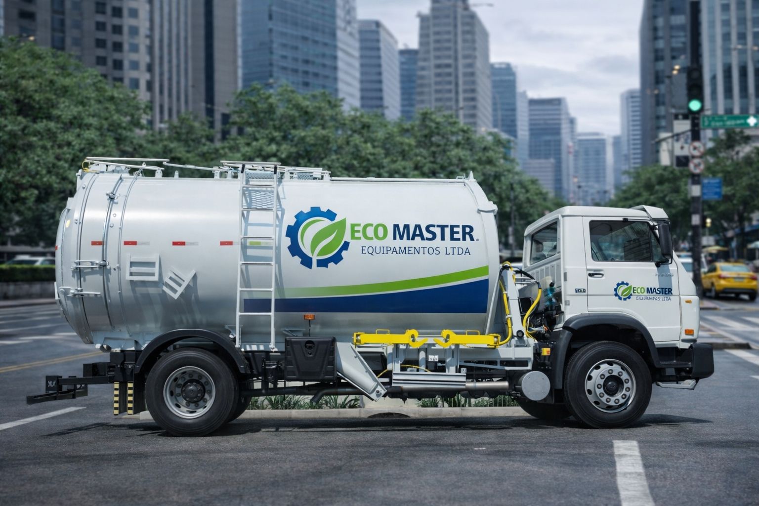 Caminhão tanque coletor de resíduos hospitalares Eco Master, com reservatório cilíndrico branco e sistema de sucção.